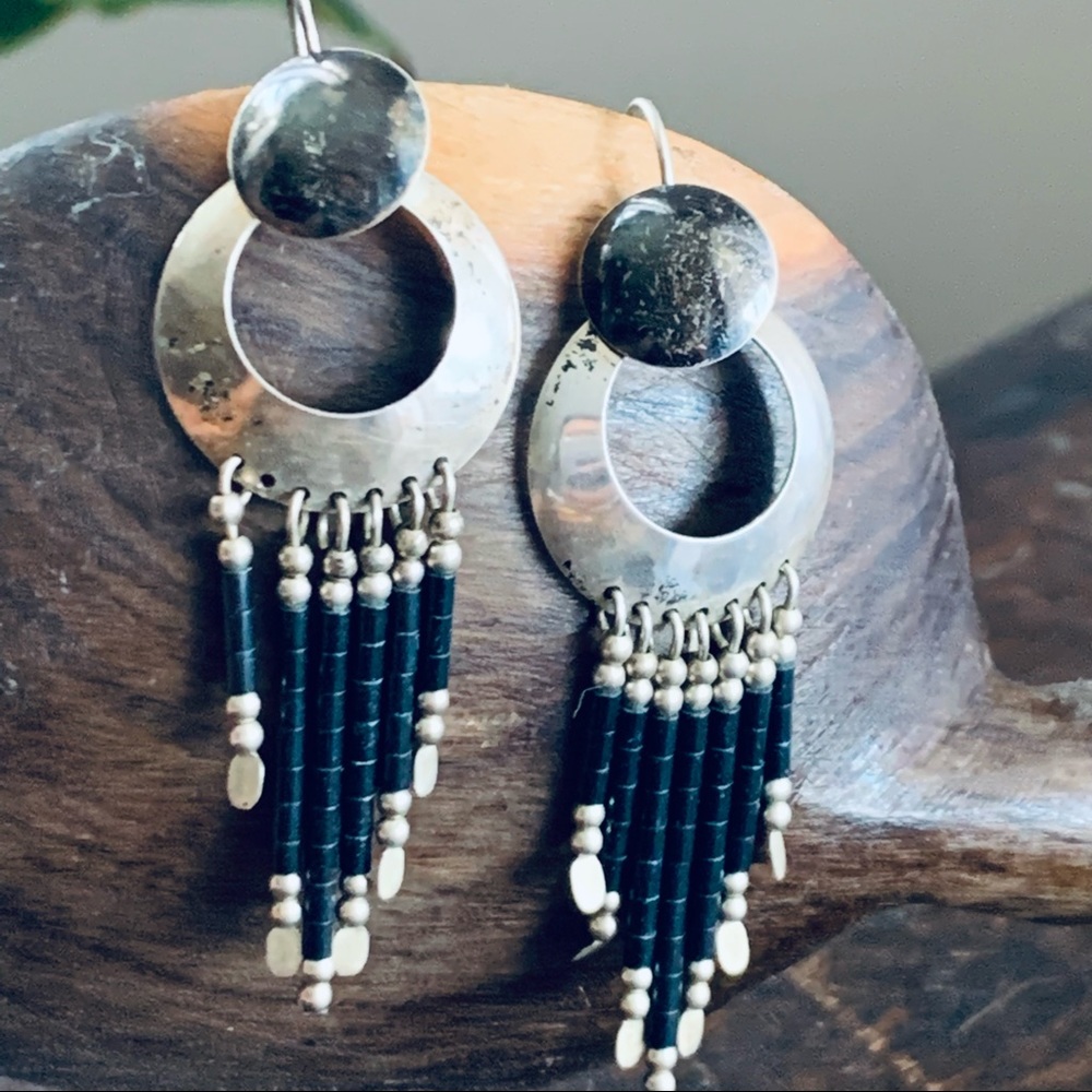 Vintage Southwestern Sterling and Beaded Dangle Earrings